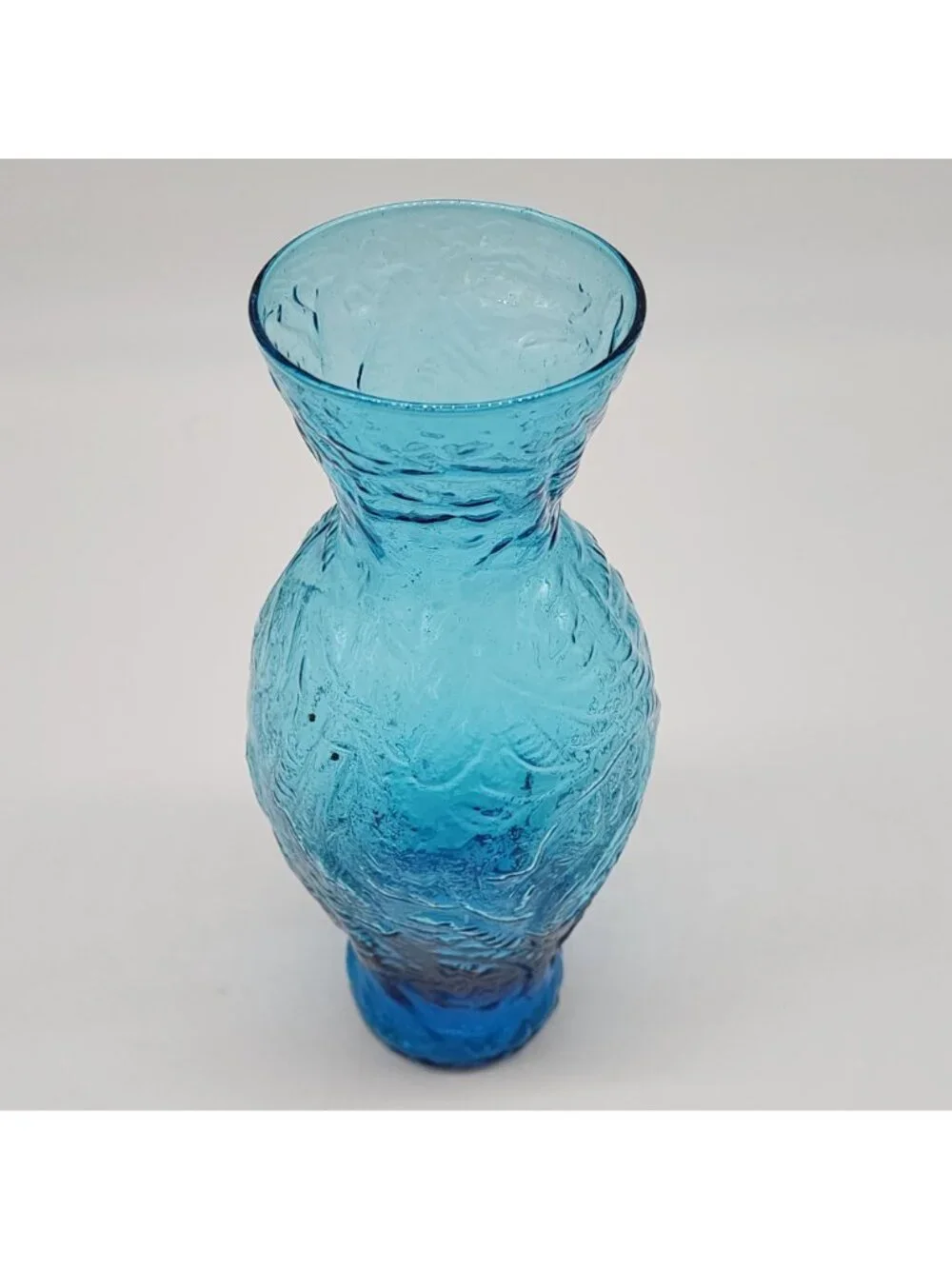 Blue Textured Glass Vase With Leaf Design 8-3/4